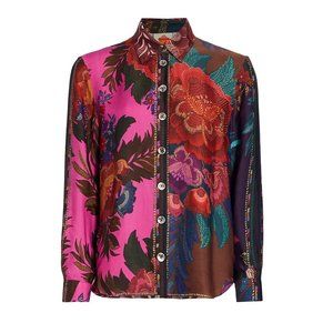 Farm Rio Flower Scarves Button-Up Shirt Blouse, size L